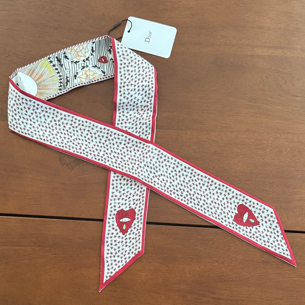 Dior White Silk Scarf twillyTie with Red Heart Motif and Red Trim